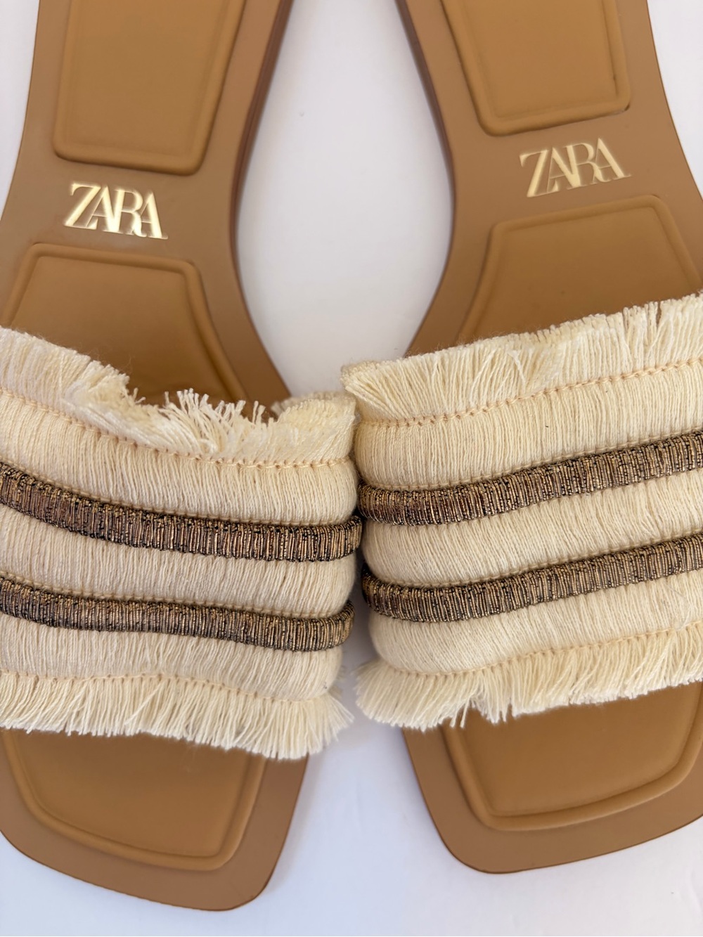 Zara Cream And Tan Fringed Slide Sandals